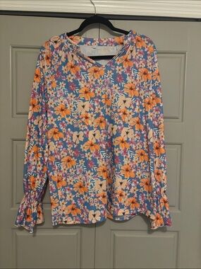 Floral V-Neck Long Sleeve Top in Blue and Orange